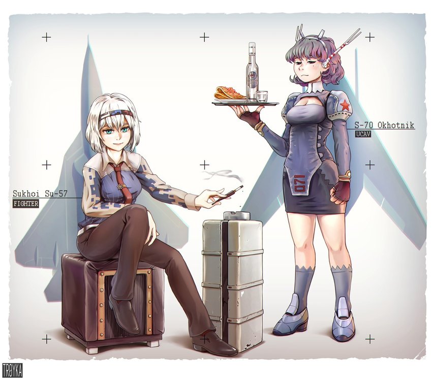 su-57-chan and s-70 okhotnik-chan (original) drawn by tr0yka